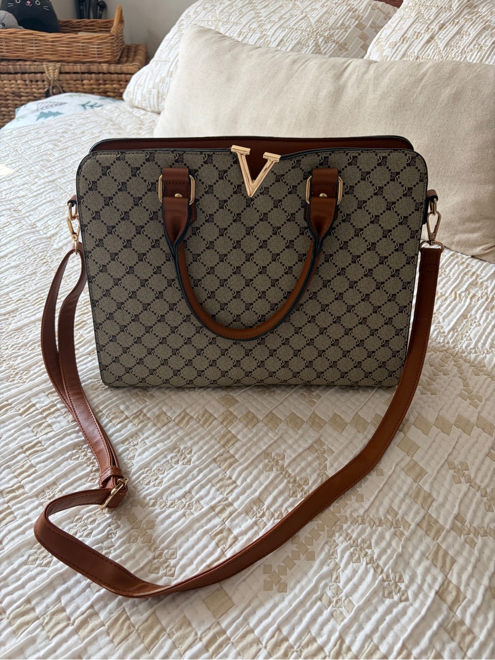Classic Monogram Satchel Handbag with Gold V Accent